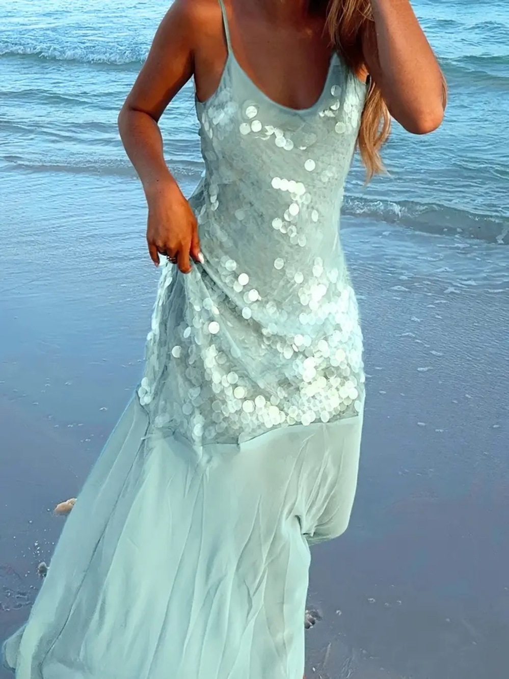 Forever 21 Light Blue Asymmetrical Sequin Midi Dress - Size S